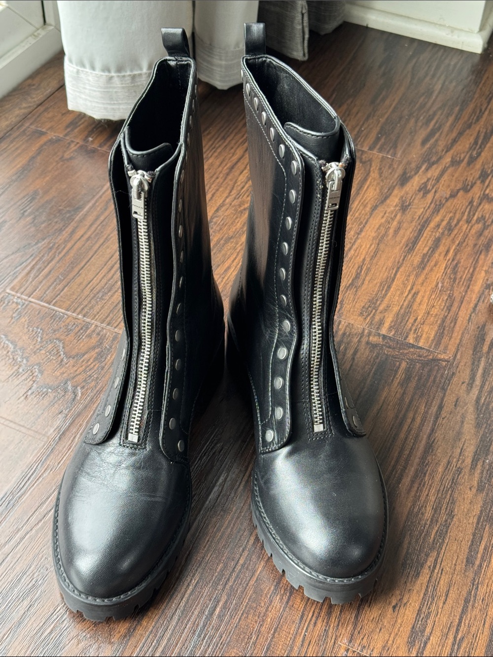 Coach Black Leather Front-Zip Stud Detail Boots